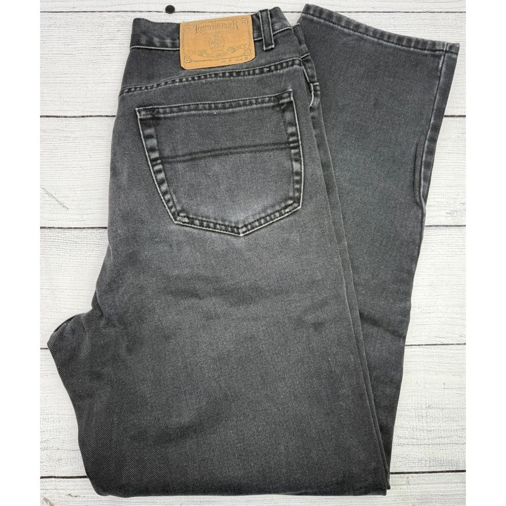 Tommy Hilfiger Men's 34x32 fits 33x30 Black Wash Denim Pants Vintage Relaxed Fit